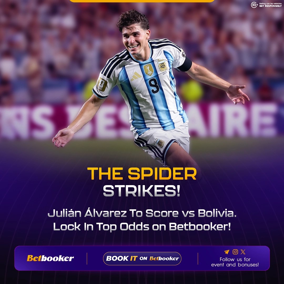Betbooker's tweet photo. 🔥🇦🇷 THE SPIDER IS READY TO STRIKE!

Julián Álvarez to find the back of the net against Bolivia? 👀🔥

Back your pick and lock in the top odds on Betbooker! 🎯

📲 BOOK IT on https://t.co/geOj44leMt

🔞 18+ | Gamble responsibly.

#Betbooker #JulianAlvarez #R2bees #Anas #BenjaminAsare