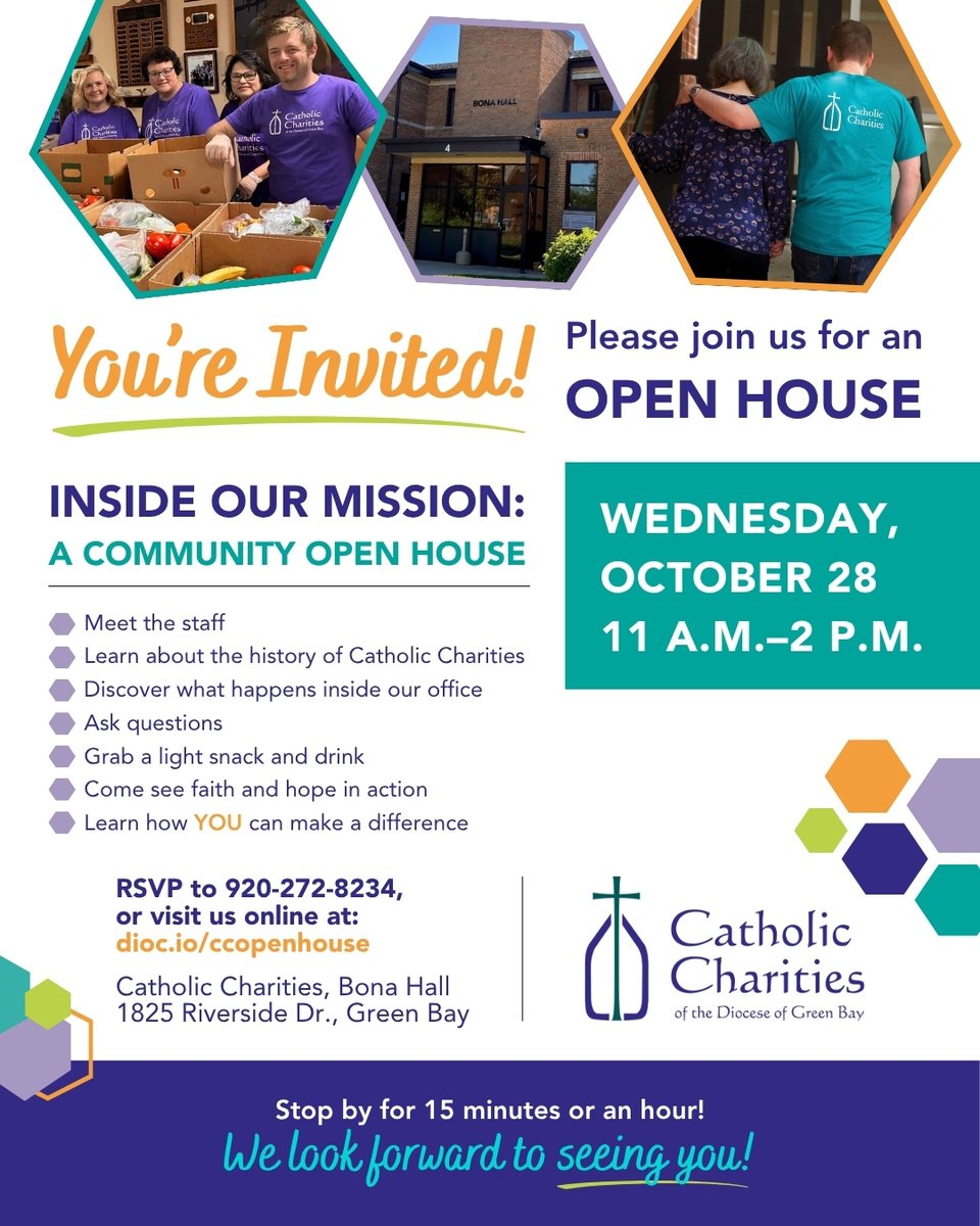 GreenBayDiocese's tweet photo. You're invited inside the mission. ✝️ 

Join Catholic Charities of the Diocese of Green Bay for a community open house!

Whether you have never visited or have walked with them for years, come meet the people behind the mission and learn how you can help your neighbors. 

📆 October 28th | 11 a.m. to 2 p.m. 
📍 Bona Hall  
🔗 Register and view flyer at the link in the comments. 

#DioceseOfGreenBay #CatholicCharities #OpenHouse
