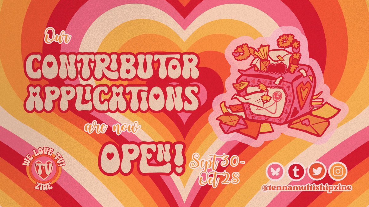 welovetvzine's tweet photo. 🌟IT'S FINALLY TIME, FOLKS!!!🌟

Contributor applications for WE LOVE TV!: A Tenna-centric Multishipping Zine are now open through October 28!

Find the 🔗 to the applications down below 👇
#deltarune #tennadeltarune (1/7) https://t.co/ChfJS9ZAlt