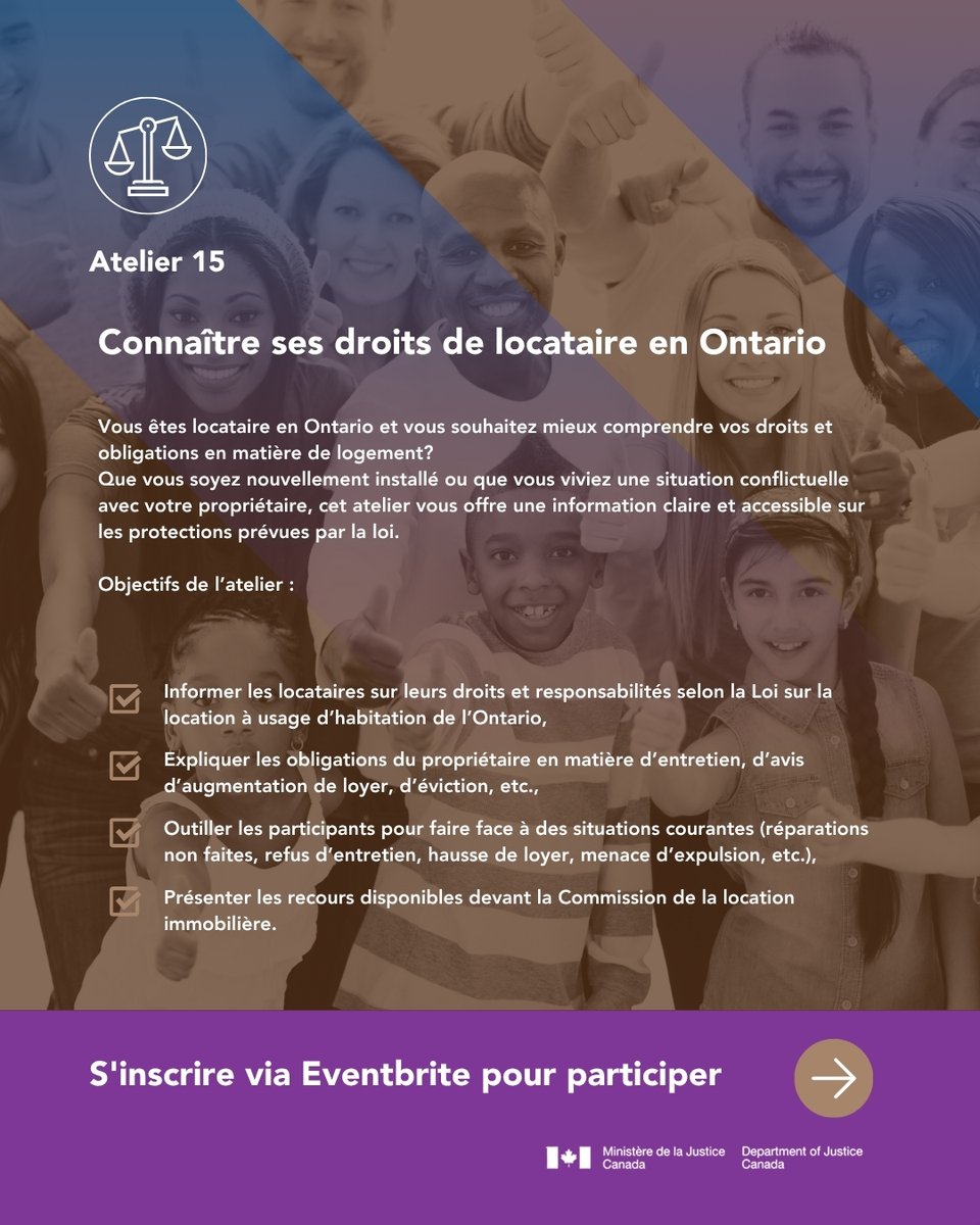 CentrefrancoT's tweet photo. 🏠 Réparations qui tardent, hausse de loyer, menace d’expulsion… connaissez-vous vos droits comme locataire en Ontario?
Le @CentrefrancoT vous invite à un atelier gratuit en français pour mieux comprendre vos responsabilités, les obligations de votre propriétaire et les recours disponibles en cas de conflit.

Que vous soyez nouvellement installé·e ou que vous rencontriez des difficultés dans votre logement, venez découvrir des repères utiles pour vos démarches.

📅 7 octobre 2026
🕕 18 h
💻 En ligne sur Zoom

👉 Inscrivez-vous sur Eventbrite : lien en bio.
📲 Faites défiler les visuels pour découvrir le programme et partagez cette invitation!
--------------------------
#CFGT #DroitDuLogement #Locataires #Ontario #NouveauxArrivants