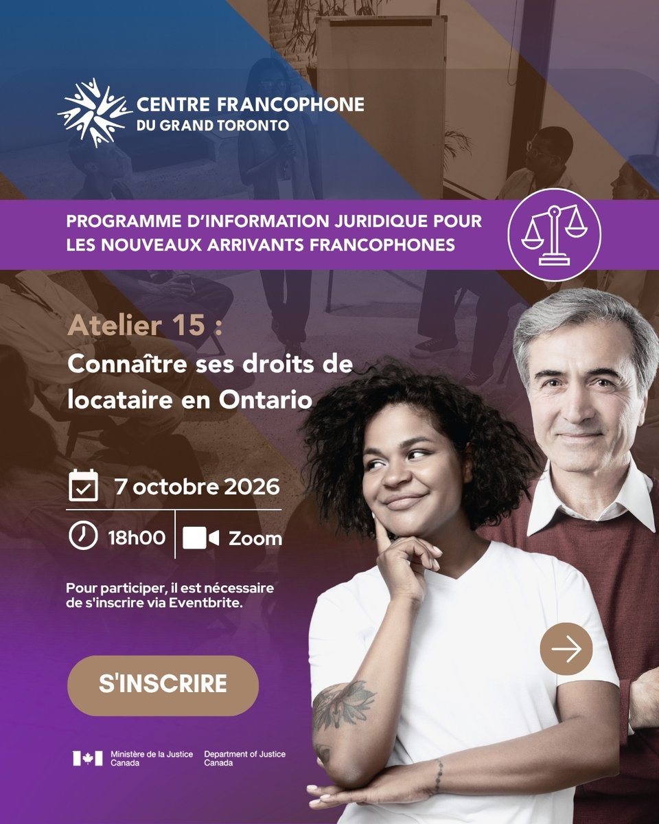 CentrefrancoT's tweet photo. 🏠 Réparations qui tardent, hausse de loyer, menace d’expulsion… connaissez-vous vos droits comme locataire en Ontario?
Le @CentrefrancoT vous invite à un atelier gratuit en français pour mieux comprendre vos responsabilités, les obligations de votre propriétaire et les recours disponibles en cas de conflit.

Que vous soyez nouvellement installé·e ou que vous rencontriez des difficultés dans votre logement, venez découvrir des repères utiles pour vos démarches.

📅 7 octobre 2026
🕕 18 h
💻 En ligne sur Zoom

👉 Inscrivez-vous sur Eventbrite : lien en bio.
📲 Faites défiler les visuels pour découvrir le programme et partagez cette invitation!
--------------------------
#CFGT #DroitDuLogement #Locataires #Ontario #NouveauxArrivants