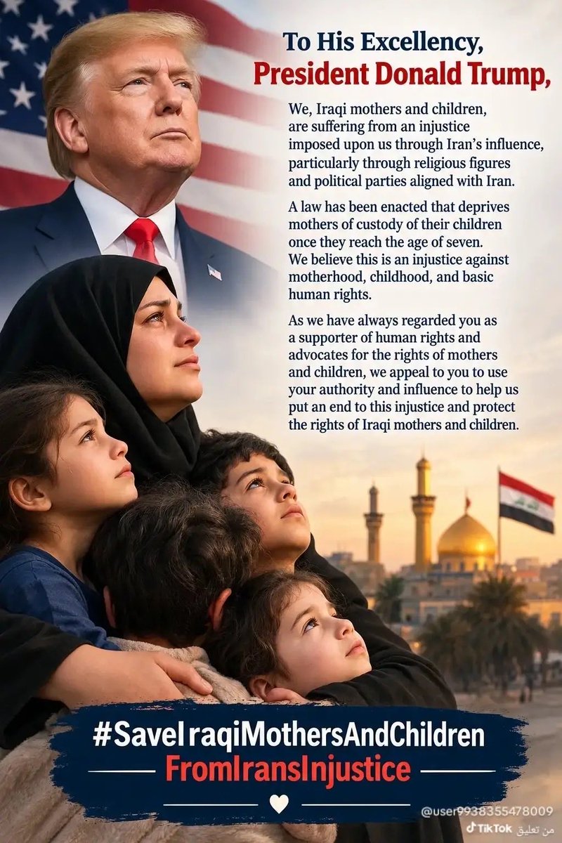4t11i's tweet photo. Iraq’s Ja’afari Law threatens women’s and children’s rights, including custody and protection from violence. Iraqi women deserve equal rights and legal protection. Stop the Ja’afari Law!
@realDonaldTrump https://t.co/c7cEOJjrZ9