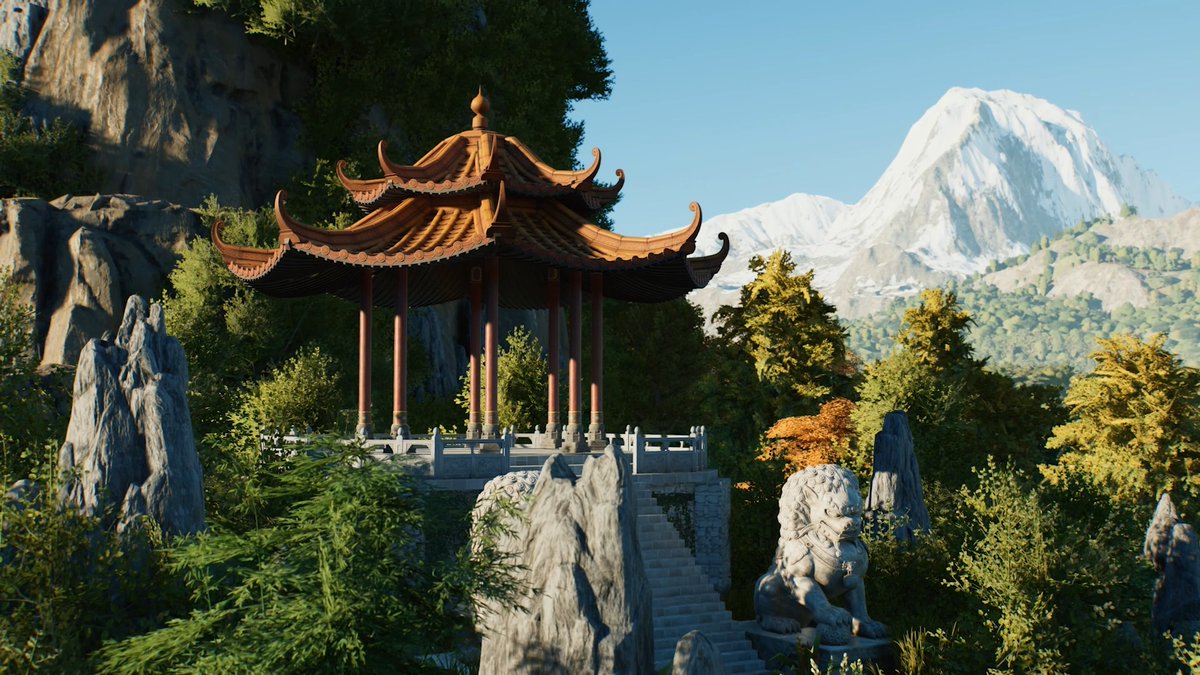 A scenic rendered image of a traditional Chinese pagoda with curved orange roofs, set among lush greenery and rock formations with stone lion statues, and a snow-capped mountain in the background.