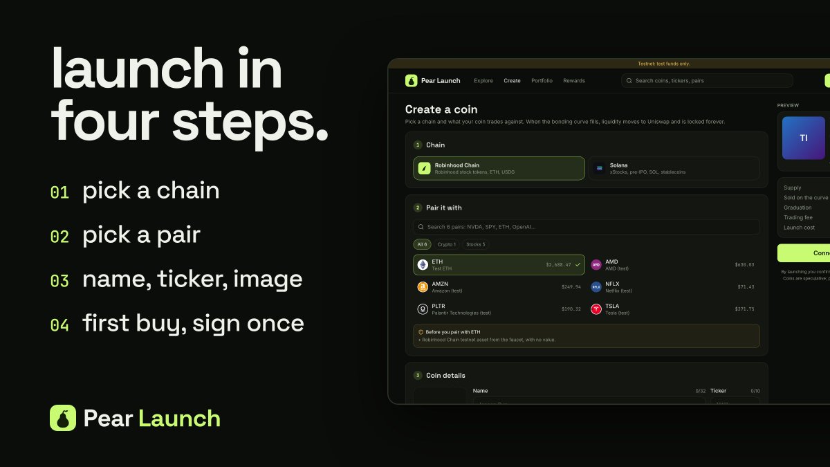 PearLaunch_'s tweet photo. launching a coin on pear launch:

1. pick a chain
2. pick a pair
3. name, ticker, image
4. set your first buy and sign

that's the whole thing. https://t.co/OuDJAAxd6m