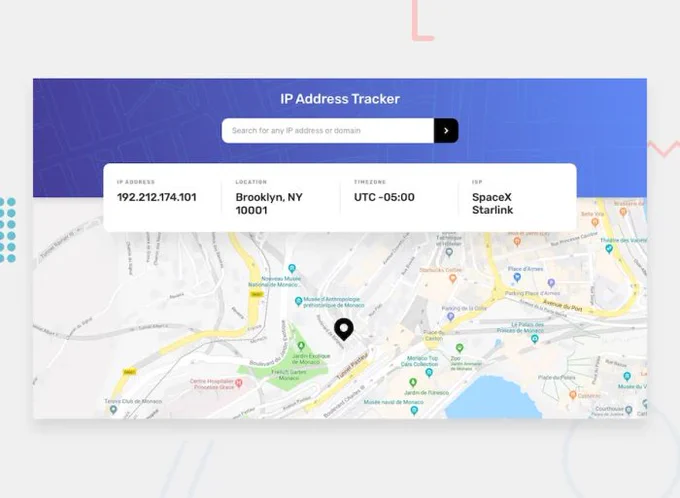 A map displays an IP address tracker with details: IP address, location in Brooklyn, timezone, and ISP SpaceX Starlink.