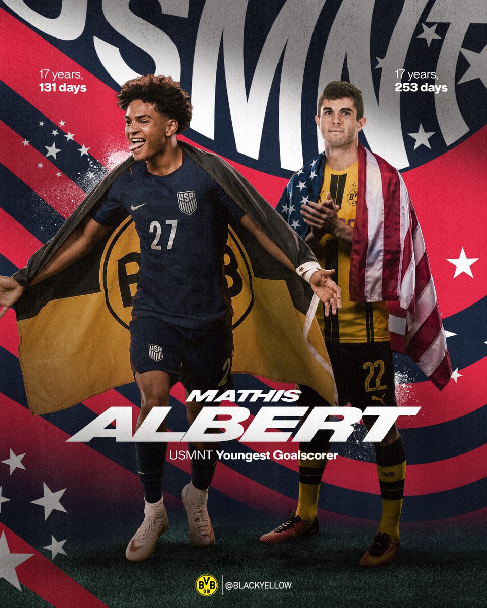 BlackYellow's tweet photo. MAKING HISTORY! 🖤🇺🇸💛

Albert becomes the youngest goalscorer in USMNT HISTORY, surpassing the record Christian Pulisic set during his time at BVB! 👏🥇

📸 @USMNT https://t.co/3Qb2WyApA1