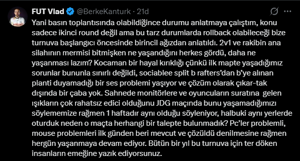 FlankEsports's tweet photo. FUT koçu Vlad'ın maç sonrası paylaşımı: 

"Bütün bir yıl bu turnuva için ter döken insanların emeğine yazık ediyorsunuz." https://t.co/aeQGDXJ8jZ