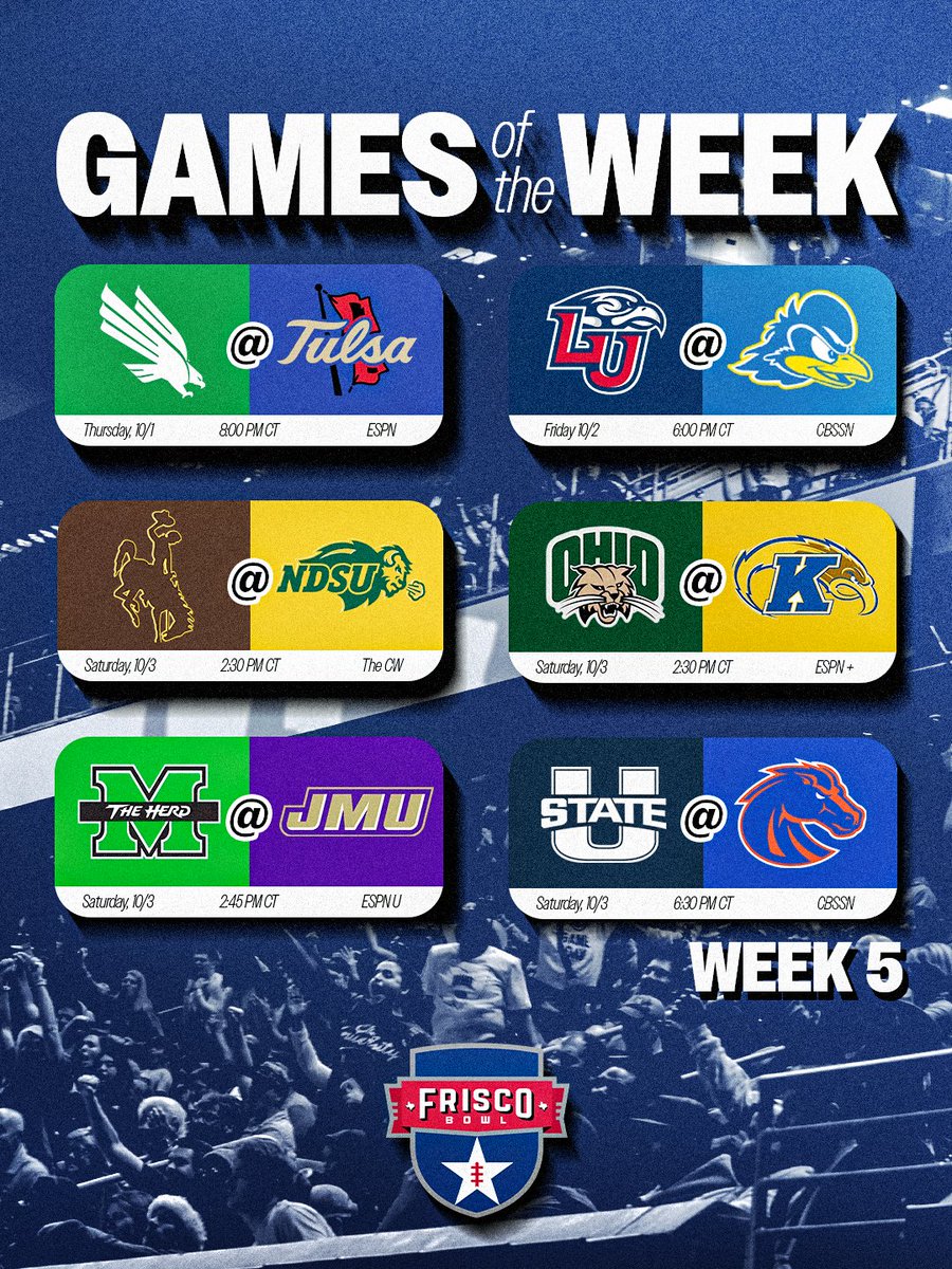 FriscoBowlGame's tweet photo. Our Week 5️⃣ Games of the Week kick off tomorrow‼️
Who you got? Pick your winners in the comments!
#FriscoBowl | #GamesOfTheWeek https://t.co/fA5MMxG7y7