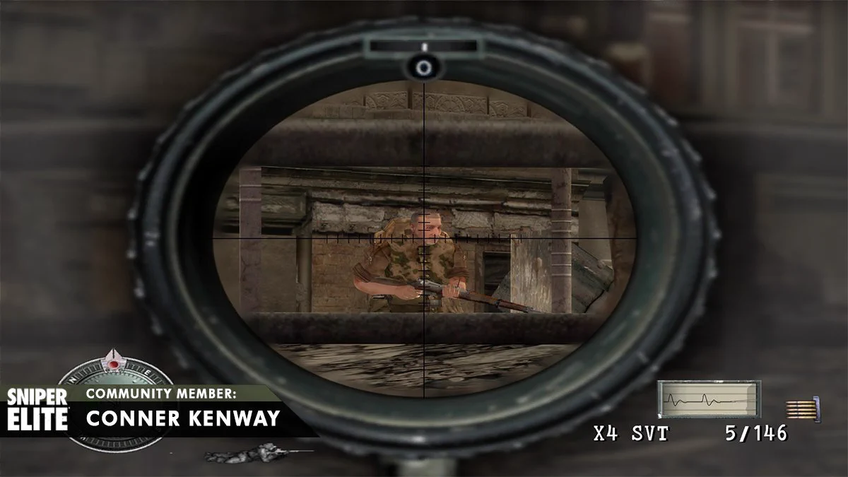a screenshot from sniper elite 1 - shows a scoped in view with someone in their line of sights