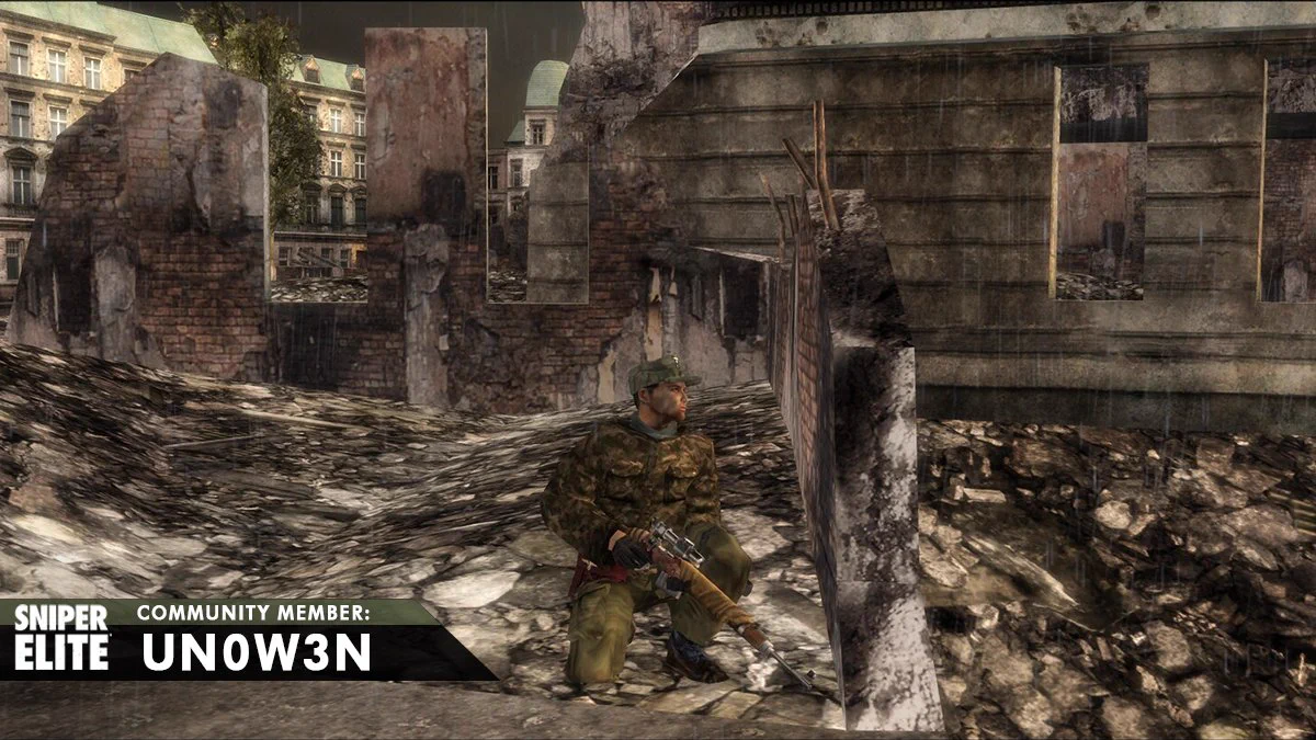 a screenshot from sniper elite 1, a character is crouched in the ruins of a building