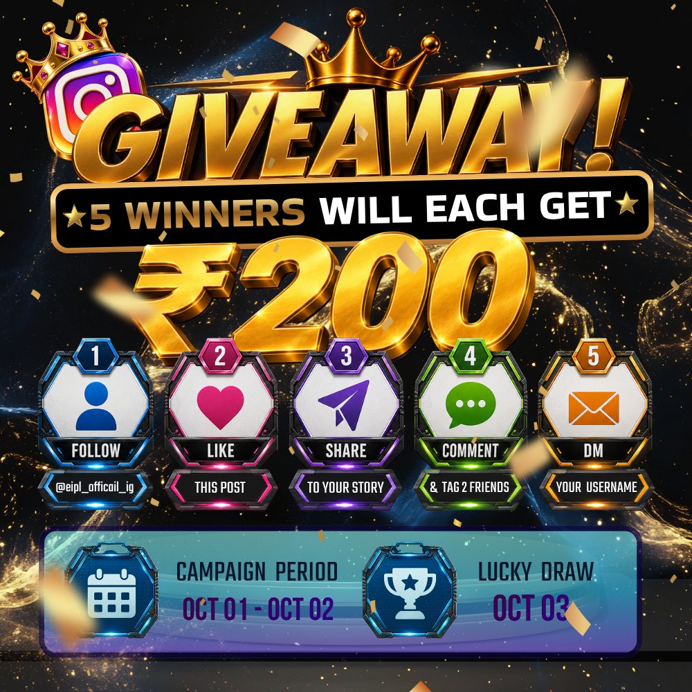 eIPL_channel's tweet photo. 🎉 eIPL GIVEAWAY 🎉

📅 Giveaway: Oct 1–2
🎲 Lucky Draw: Oct 3
🏆 5 Lucky Winners
💰 ₹200 Bonus Each!

How to Participate:
1️⃣ Follow us on Instagram: https://t.co/yGR4accpu5
2️⃣ Like this Giveaway post ❤️
3️⃣ Share this post to your Instagram Story 📲
4️⃣ Comment & tag 2 friends 👥
5️⃣ DM us your eIPL Game Username 🎮

⚠️ IMPORTANT:
• Your eIPL Game Username must be sent during the Giveaway period.
• UID is NOT your Game Username.
• Each eIPL Game Username has only one winning chance in this Giveaway.
• All winners will be checked for all Giveaway requirements.
• If any requirement is not completed, the winner may be disqualified and a new winner will be selected.

🎁 ₹200 Bonus will be credited to your eIPL account within 2 days.
🔄 3× turnover is required before withdrawal.
🍀 Complete all steps for your chance to win!
Good Luck Everyone! 🔥❤️