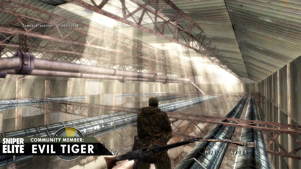 a screenshot from sniper elite 1 - light rays pour through the roof of a warehouse