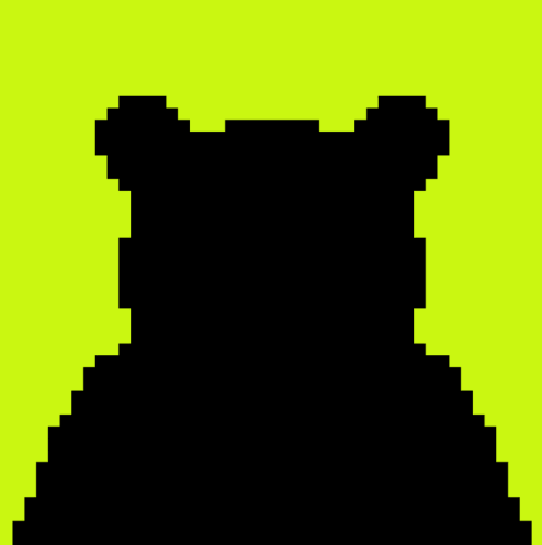A simple black pixel art silhouette of a bear's head and upper torso against a bright lime green background.