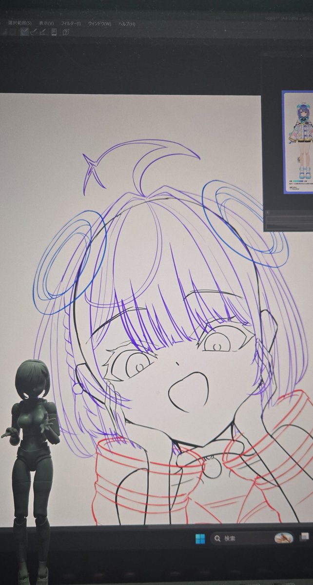 totonoinoe's tweet photo. そぴあちゃんのWIPです。
WIPてこれであってるのか？����
ちなみに左下の人形は自分が愛用しているデッサン人形で手軽にポーズが確認できて便利です。 https://t.co/ngkmOm4XzB