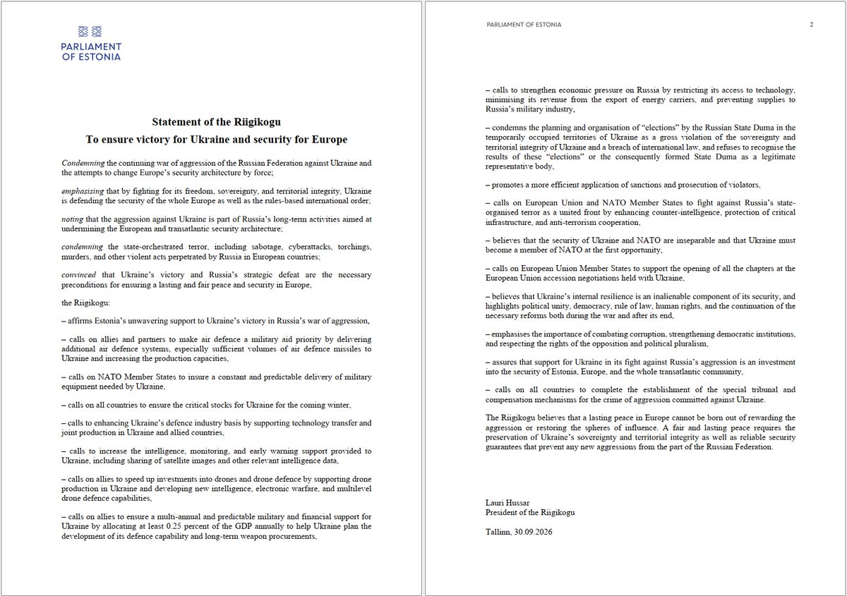 Riigikogu's tweet photo. The Riigikogu has passed a Statement reaffirming Estonia’s unwavering support for #Ukraine’s victory.
It calls on allies and partners to prioritise air defence systems and missiles, and ensure long-term financial support for Ukraine: https://t.co/cHFX7qQzHT https://t.co/WmYjp4RsOn