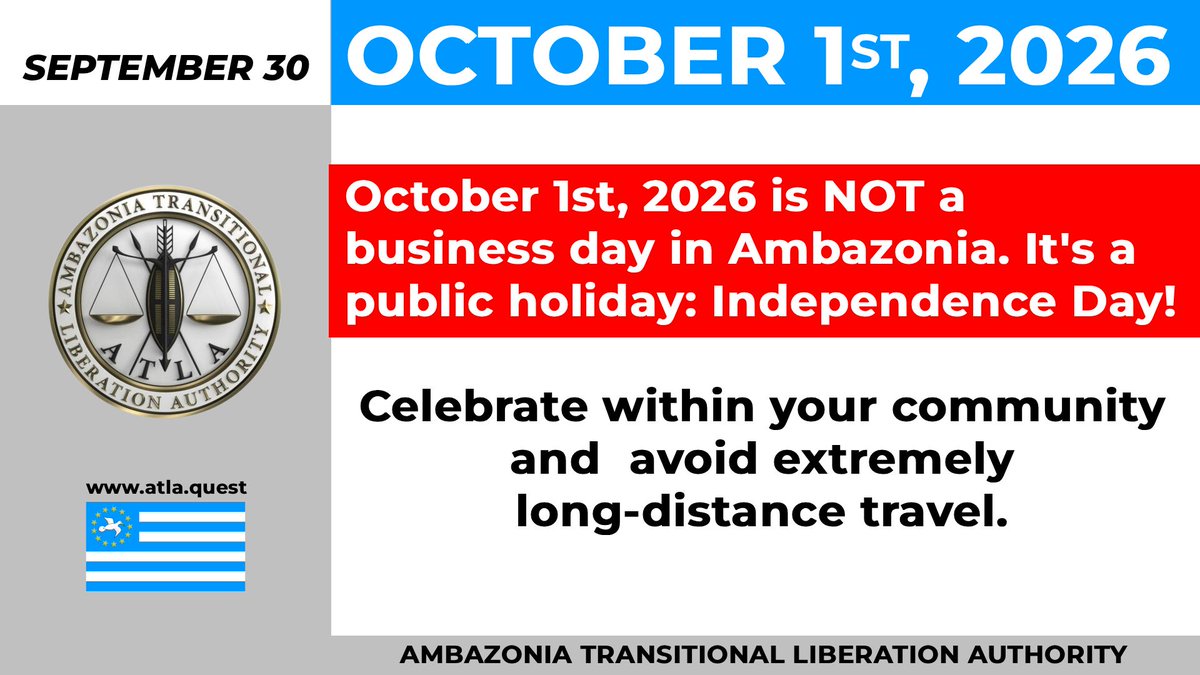 acntelnet's tweet photo. Ambazonians, October 1st is OUR day! 🎉 Celebrate proudly with family &amp; neighbors, wear your colors, share stories of resilience &amp; victories. 🕊️ Stay safe, stay united.  #Cameroun is too scared to celebrate their Jan 1st independence day from #France #Ambazonia #AGovC #ADF #ATLA https://t.co/8GFepsjtyt