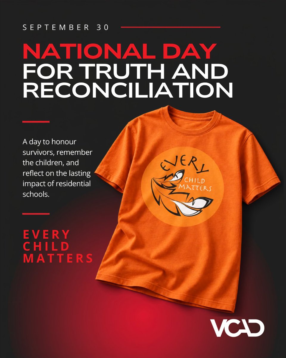 VCAD's tweet photo. September 30 marks the National Day for Truth and Reconciliation.

Today, we honour the children who never returned home, those who survived residential schools, and the families and communities who continue to carry their impact.

🧡 Every Child Matters.

#EveryChildMatters https://t.co/qku8tGOmHD