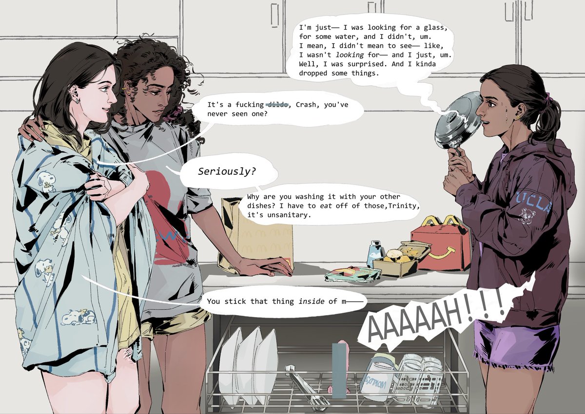 dismantlenight's tweet photo. This piece is based on 《people on the edge of the night》by theyellowumbrella 
@milfshauna 
such an adorable trio 🥰 https://t.co/x6klXlQhh4
