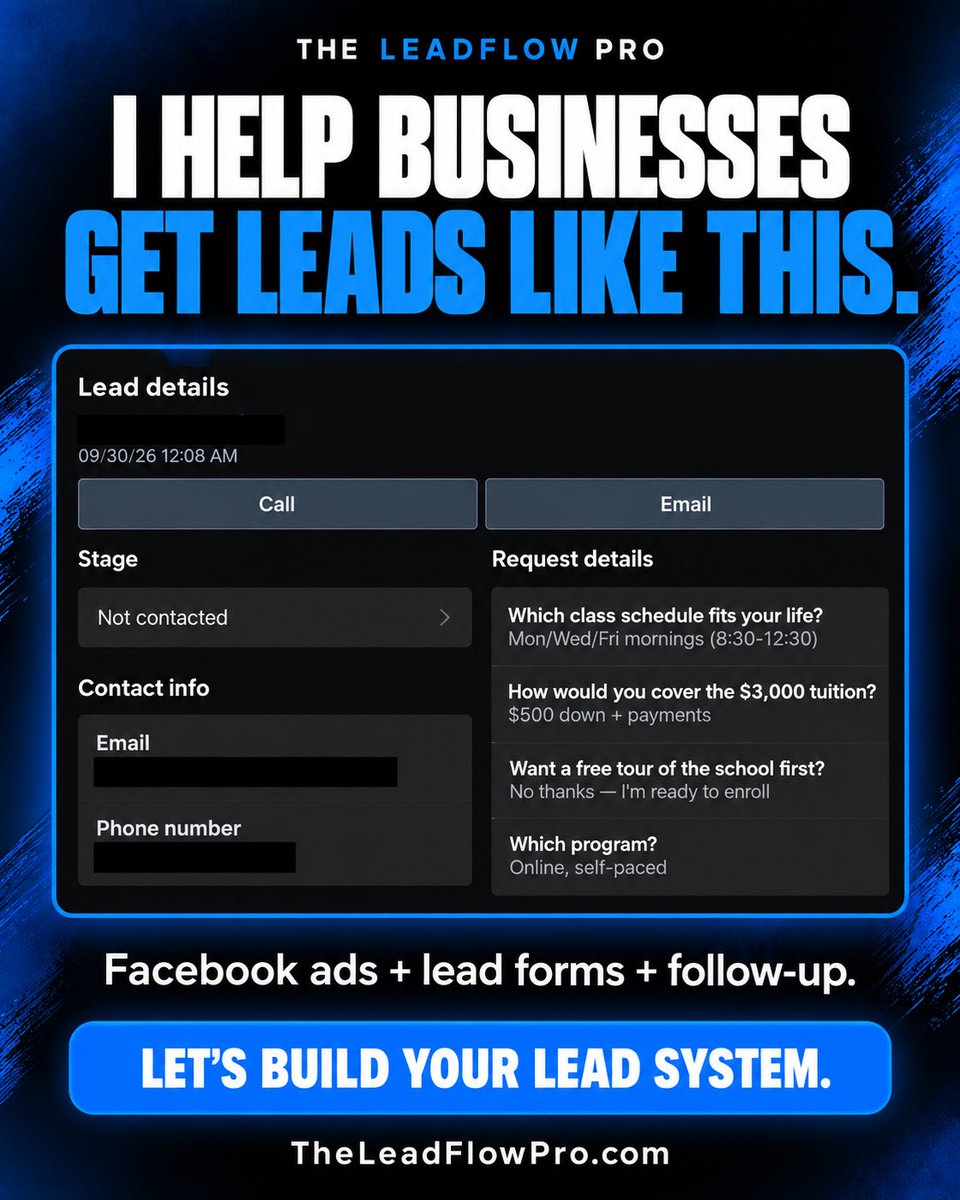 TheLeadFlowPro's tweet photo. This is what came in while I was asleep.

A lead told us which program they wanted, what schedule worked, how they planned to pay, and that they were ready to enroll.

That’s the kind of conversation I help businesses start through The LeadFlow Pro.

We build the system behind it: Facebook ads that reach potential customers, forms that ask useful questions, and follow-up that helps you take the next step.

Leads like this come in every day for the school. If you want help bringing more opportunities into your business, let’s talk.

👉 Message me or visit https://t.co/ib4G1qbrBl