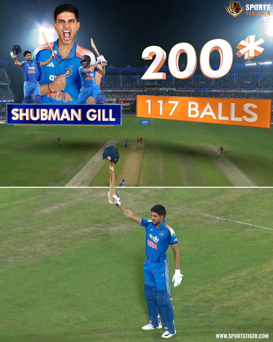 The_SportsTiger's tweet photo. 🚨👑 CAPTAIN GILL. 200. HISTORY! 🇮🇳🔥
Shubman Gill’s 2nd ODI double hundred — his first as India captain! 💯🏏
⚡ Fastest double hundred in ODI history!
A record-breaking captain’s masterclass! 🫡👑
#ShubmanGill #CaptainGill #TeamIndia #ODI #INDvsWI https://t.co/Pdric1yMyy