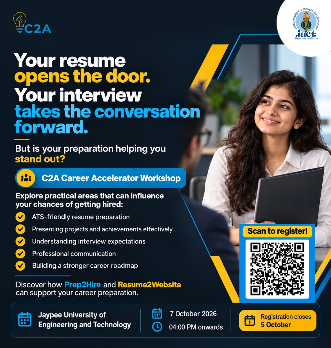 concept2action's tweet photo. Your resume opens the door. Your interview takes the conversation forward.

Get career-ready at the C2A Career Accelerator Workshop!

📍 Jaypee University
📅 7 Oct 2026 | ⏰ 4 PM
⏳ Register by 5 Oct
Learn resume, interview &amp; career prep skills.
#C2A #CareerAccelerator https://t.co/zu34uHkYJC