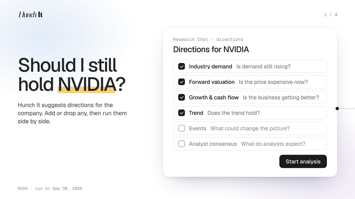 HunchItHQ's tweet photo. Q3 ends today! If #NVDA is in your portfolio, you're probably wondering whether to keep it into Q4

We asked @HunchItHQ  It split the question into four analyses and ran them side by side

More in the cards below 👇 https://t.co/2zaE6iINGS