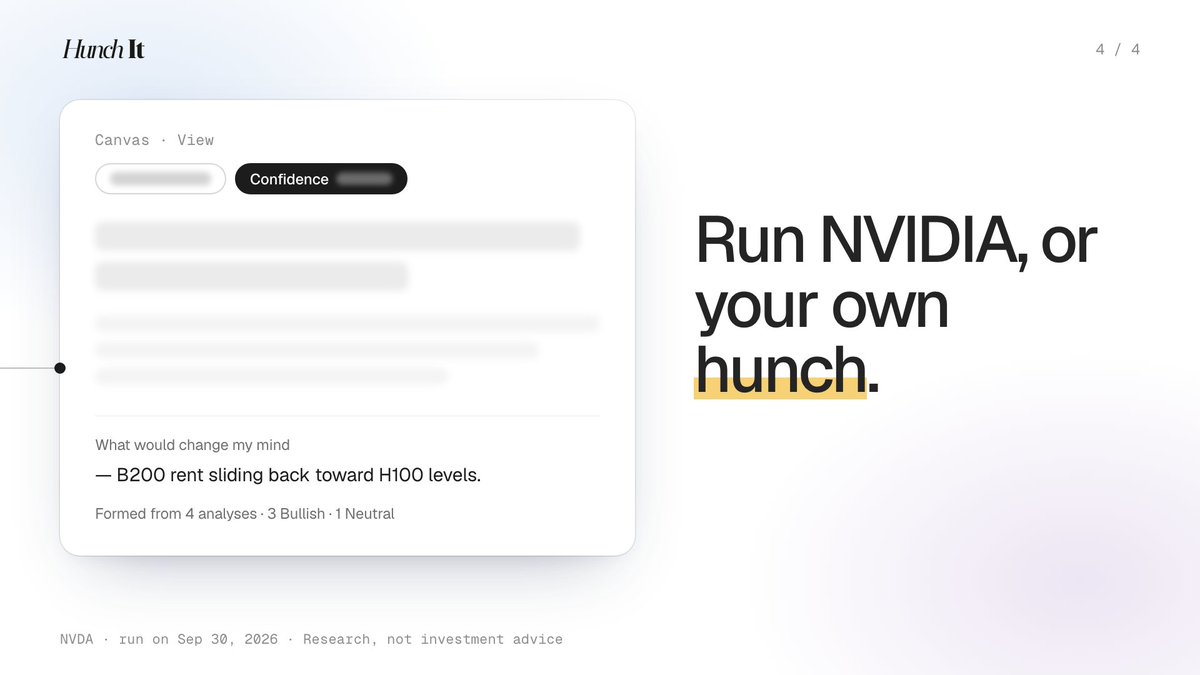 HunchItHQ's tweet photo. Q3 ends today! If #NVDA is in your portfolio, you're probably wondering whether to keep it into Q4

We asked @HunchItHQ  It split the question into four analyses and ran them side by side

More in the cards below 👇 https://t.co/2zaE6iINGS