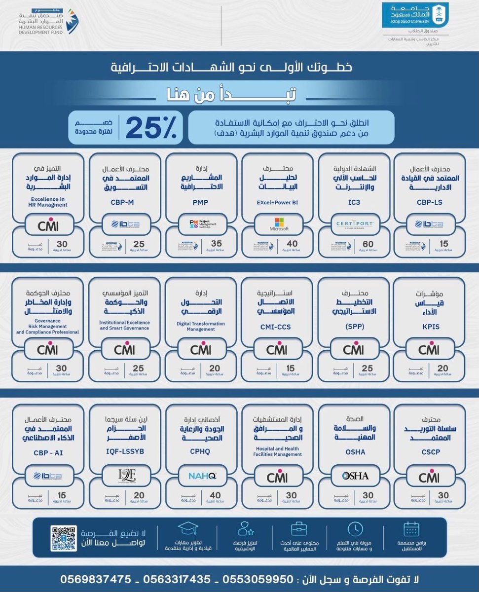 ExcelAr22's tweet photo. كل هذه الشهادات المهنية المطلوبة .. عليها خصم من جامعة الملك سعود :
Microsoft Excel + Power BI – تحليل البيانات
IC3 – أساسيات الحاسب والإنترنت
OSHA – السلامة والصحة المهنية
CSCP – إدارة سلاسل الإمداد
CPHQ – جودة الرعاية الصحية
KPIs – مؤشرات قياس الأداء
SPP – التخطيط الاستراتيجي
Digital Transformation Management – إدارة التحول الرقمي
Governance Risk Management & Compliance (GRC) – الحوكمة وإدارة المخاطر والامتثال
CBP-AI – محترف الأعمال المعتمد في الذكاء الاصطناعي
PMP – إدارة المشاريع (من أكثر الشهادات طلبًا عالميًا)

للتسجيل :

https://t.co/div2bTJtQc