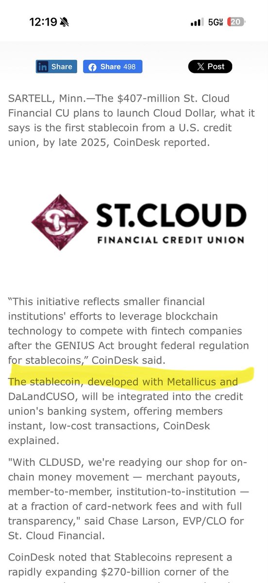 XPROGTDBN28's tweet photo. Almost nobody in crypto knows that St. Cloud credit union is already running @MetallicusTDBN under the hood.
St. Cloud Financial is using their stack for the vault and Cloud Dollar. Most of people in crypto still has no idea this is even happening. https://t.co/UD9yim5Cz1 https://t.co/Rj11LAUwSr