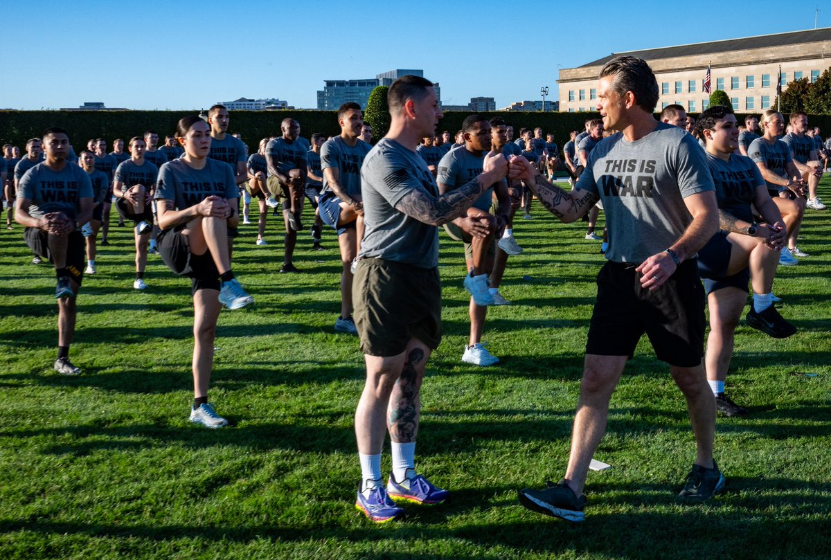 DeptofWar's tweet photo. Ahead of his State of the Force Address, @SECWAR joined 600 warriors at the Pentagon for morning PT. https://t.co/JhwcNmIZNO