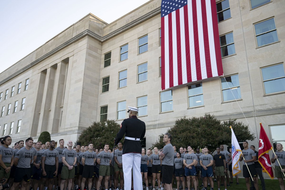 DeptofWar's tweet photo. Ahead of his State of the Force Address, @SECWAR joined 600 warriors at the Pentagon for morning PT. https://t.co/JhwcNmIZNO