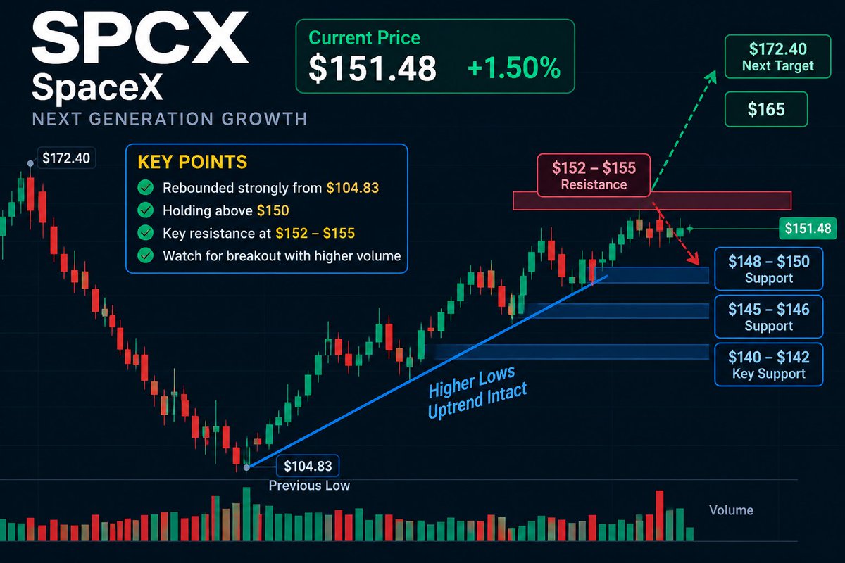 🔥 $SPCX — BREAKOUT SETUP
$SPCX is holding above $150 after hitting $152.24 intraday.
Here’s my roadmap:
Bull case:
$155 breakout
→ $160
→ $165
→ $172.40
Bear c