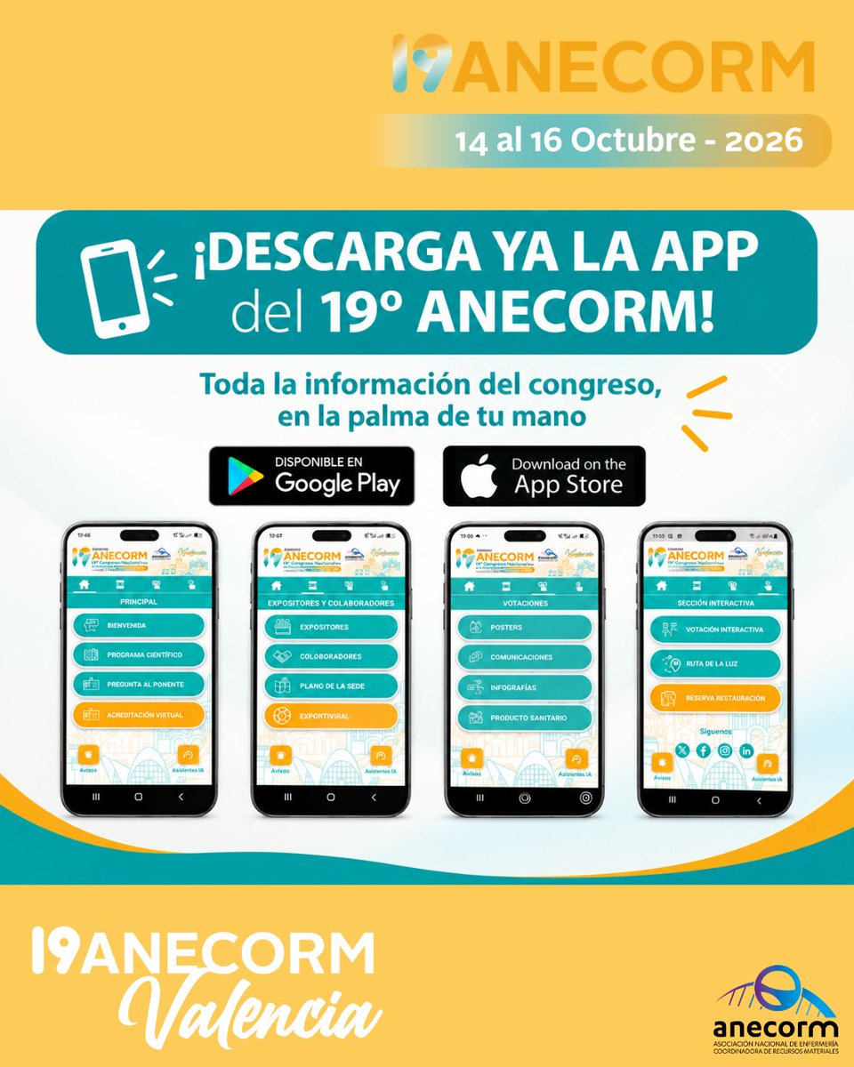 anecorm's tweet photo. 📲 ¿Vienes al #19ANECORM?
Descarga YA la APP ANECORM Congresos.
🎫 Acreditación virtual y QR personal
🏆 Votación de los premios
🔔 Avisos y comunicaciones oficiales en tiempo real
🤖 Asistente virtual
📅 Información sobre salas, actividades y horarios
#19ANECORM #Enfermería https://t.co/LzDKDgrB1Y