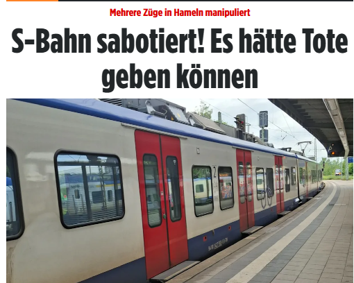 Taykra's tweet photo. #Hameln: Nach einer zweiten schweren Sabotage an einer S-Bahn jagt eine Sonderkommission mit Hochdruck den bislang unbekannten Täter. Wären die manipulierten Züge losgefahren, hätte es Tote geben können. Die erste Sabotage vor fast zwei Wochen fiel einem Zugführer auf. https://t.co/nuVoy0eKFZ