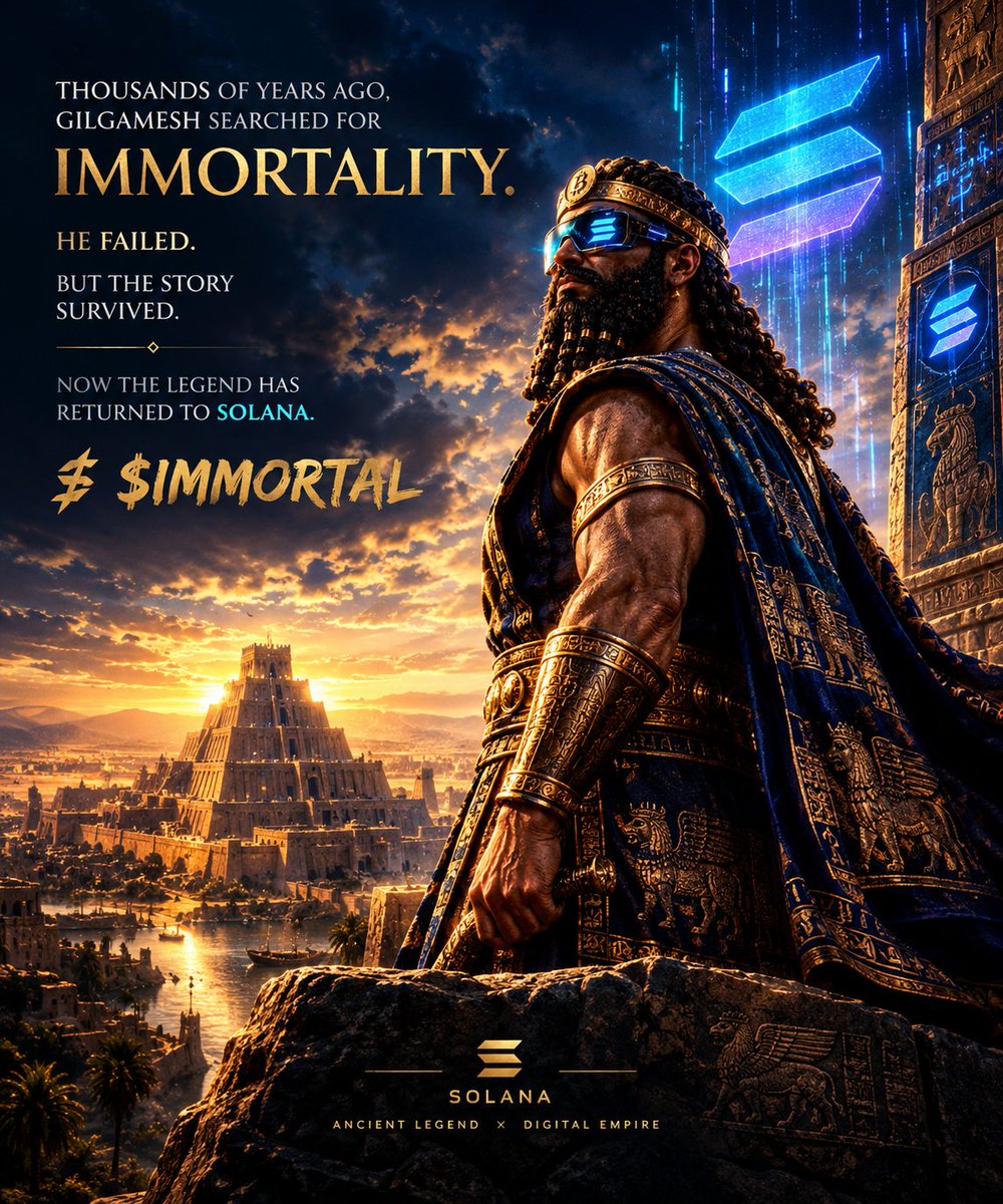 ImmortalGilgame's tweet photo. Thousands of years ago, Gilgamesh searched for immortality.
He failed.
But the story survived.
Now the legend has returned to Solana.
🏛️ $IMMORTAL https://t.co/VfverCnBzb