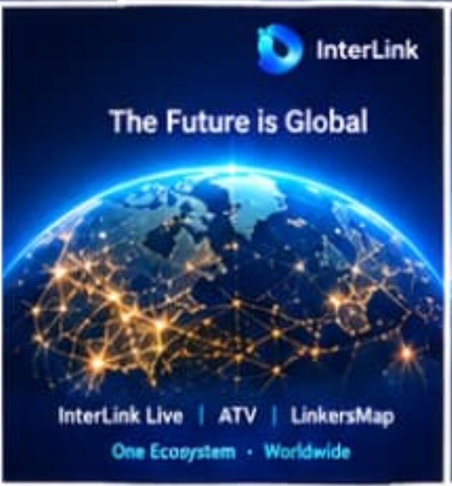 lkreddy52's tweet photo. Branding: At the top right, it displays the InterLink logo—a stylized blue circular icon—next to the brand name.  
Main Tagline: Below the logo, large bold text reads: "The Future is Global".  
Central Graphic: The center highlights a view of planet Earth #INTERLINK #ITL #ITLG https://t.co/6j5E3vtMZz