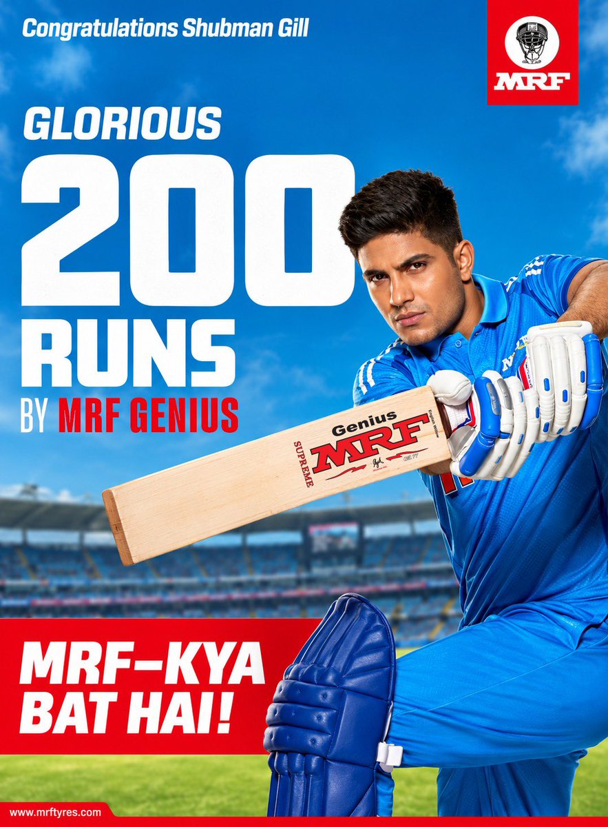 MRFWorldwide's tweet photo. MRF Genius, made for innings that go beyond the ordinary. 

200 runs of pure brilliance.

#MRFTyres #ShubmanGill #TeamIndia #Cricket #DoubleHundred https://t.co/j5MfAkdFoR