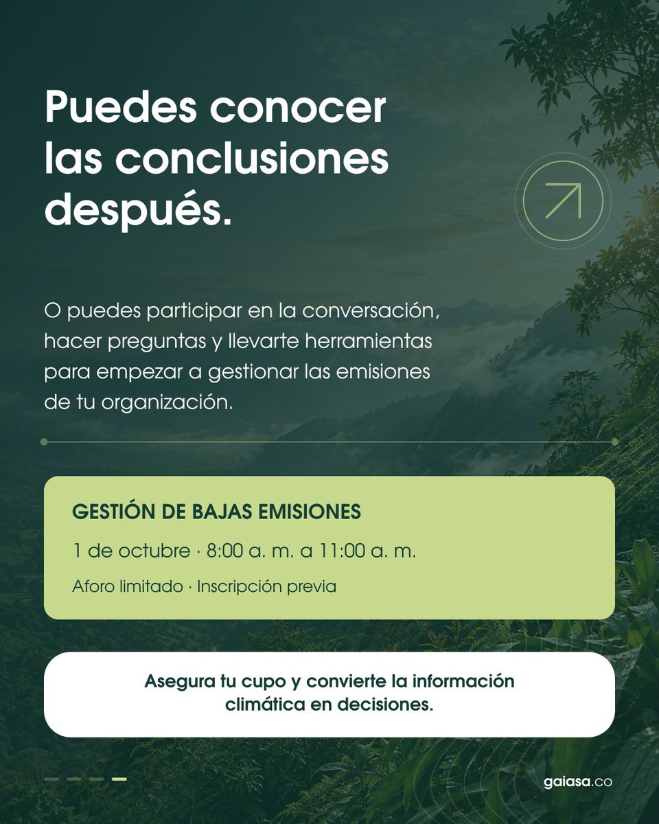 GaiaAmbiente's tweet photo. Puedes leer el resumen después. O hacer tus preguntas en el taller de Gaia 🌿.
1 de octubre · 8–11 a. m. · Medellín
Gestión de bajas emisiones.
Inscríbete: https://t.co/poDt8etU3S
#ClimateWeekMedellin https://t.co/kIvfirgNKO