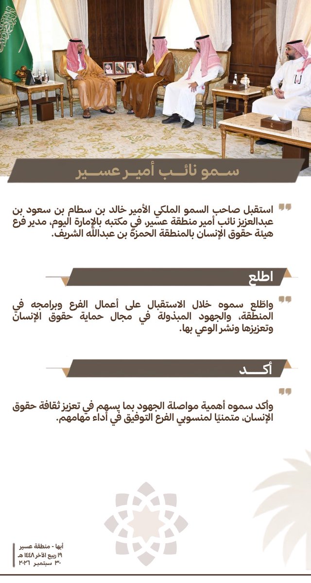 corp1111's tweet photo. صاحب السمو الملكي الأمير خالد بن سطام بن سعود بن عبدالعزيز نائب أمير #عسير ، يستقبل مدير فرع هيئة حقوق الإنسان. https://t.co/sp9SCKTcwY