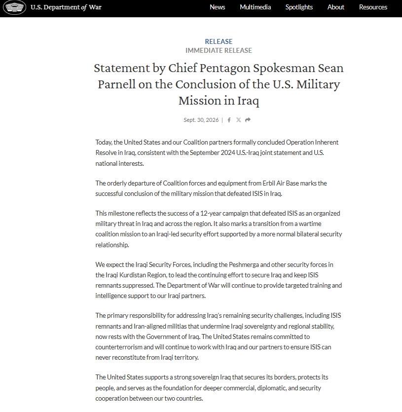 GenFlynn's tweet photo. BREAKING: U.S. Ends Operation Inherent Resolve in Iraq After Twelve Years

The current administration did not get us into this war, but it has made the right decision to formally end Operation Inherent Resolve in Iraq today. After twelve years, Iraq must take responsibility for its own security. American troops carried out the mission they were given. They fought ISIS, endured repeated deployments, and paid a price that their families understand far better than most people in Washington ever will. Their service deserves our respect, and their sacrifice places an obligation on those who decide where and when we fight.

The departure of coalition forces and equipment from Erbil Air Base concludes this wartime mission. It does not eliminate every threat in Iraq. ISIS remnants remain, and Iran-aligned militias continue to undermine Iraqi sovereignty. The Iraqi government must confront those threats rather than depend indefinitely on Americans to bear the risk.

Any continuing U.S. training or intelligence support must have a defined purpose, serve American interests, and stay within clear limits. We should not announce the end of a combat mission only to allow expanding advisory commitments to draw us back into it.

Washington has too often treated the danger of leaving as sufficient justification for staying, without adequately accounting for the cost of staying or explaining what would finally permit departure. That reasoning can keep troops committed for another decade.

Ending this mission is the right decision. Now we must have the discipline to hold Iraq to its responsibilities and ensure that any future commitment of American forces comes with an objective and a clear end state.

@RealDonaldTrump
@SecWar
@DeptofWar 
@SeanParnellASW