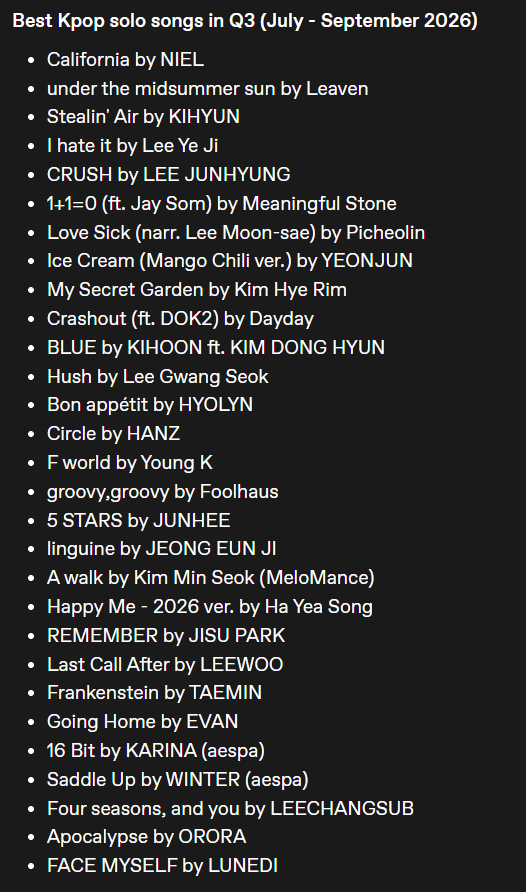 httpsriwoolee's tweet photo. Best K-pop Songs of Q3 2026 (July - September) https://t.co/aNyWVePoKP