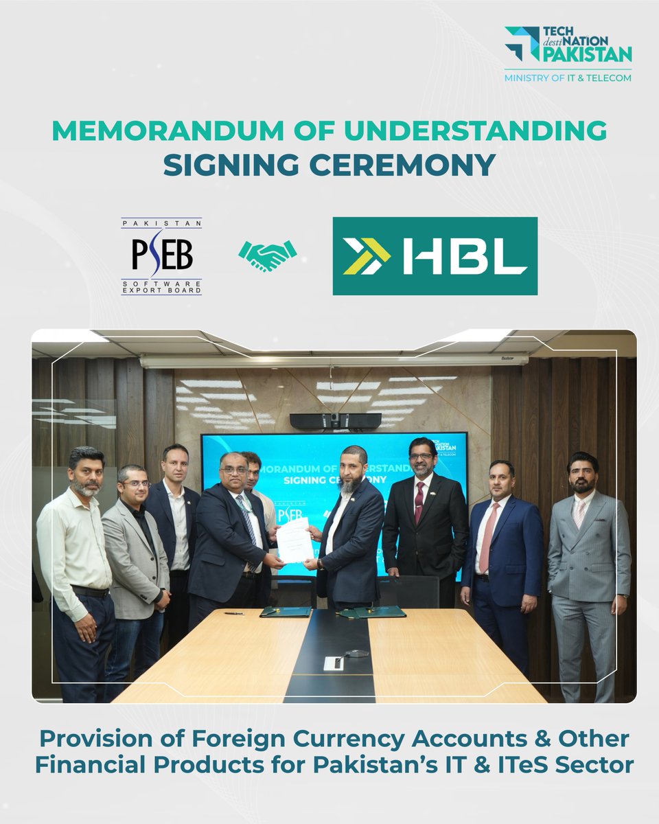 PSEB's tweet photo. Another step toward making it easier for Pakistan’s tech industry to do business globally.

PSEB and HBL are joining hands to facilitate registered IT companies and freelancers with Foreign Currency Accounts and relevant banking solutions.

@HBLPak 
#PSEB #techdestination #Markaz https://t.co/YxwB4LKaHK
