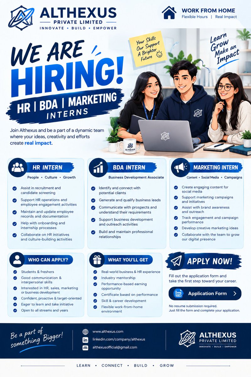 Althexus's tweet photo. 🚀 WE ARE HIRING — HR, BDA &amp; MARKETING INTERNS
👉 Application Form:
 https://t.co/TzPIXtHtCf https://t.co/YHdHZty80I