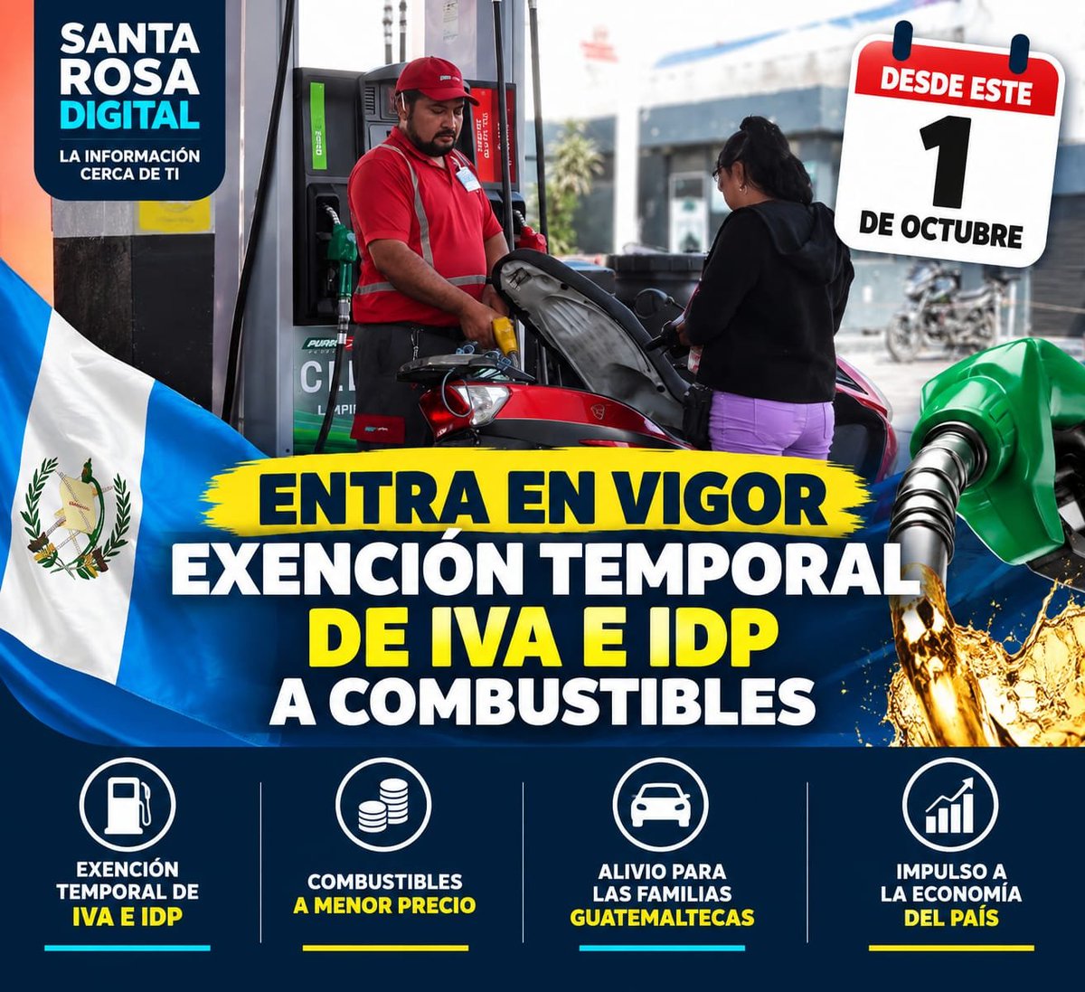 SantaRosaDgt's tweet photo. ⛽ PUBLICAN LEY QUE SUSPENDE TEMPORALMENTE IVA E IDP A COMBUSTIBLES

Hoy fue publicado el Decreto 22-2026, que exonera temporalmente del IVA y del IDP a la gasolina superior, regular y diésel. La medida entra en vigor este 1 de octubre y estará vigente hasta el 31 de diciembre. https://t.co/2TVITHbWhl