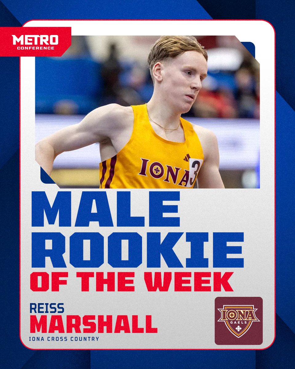 MetroConfSports's tweet photo. Week 4️⃣ Metro Cross Country Male Rookie of the Week! 🏃

@IonaXCTF's Reiss Marshall

➡️ Finished men's 8K with a time of 24:24.9!

🔗 https://t.co/4eJWkz6A1P https://t.co/AyJChec9FK