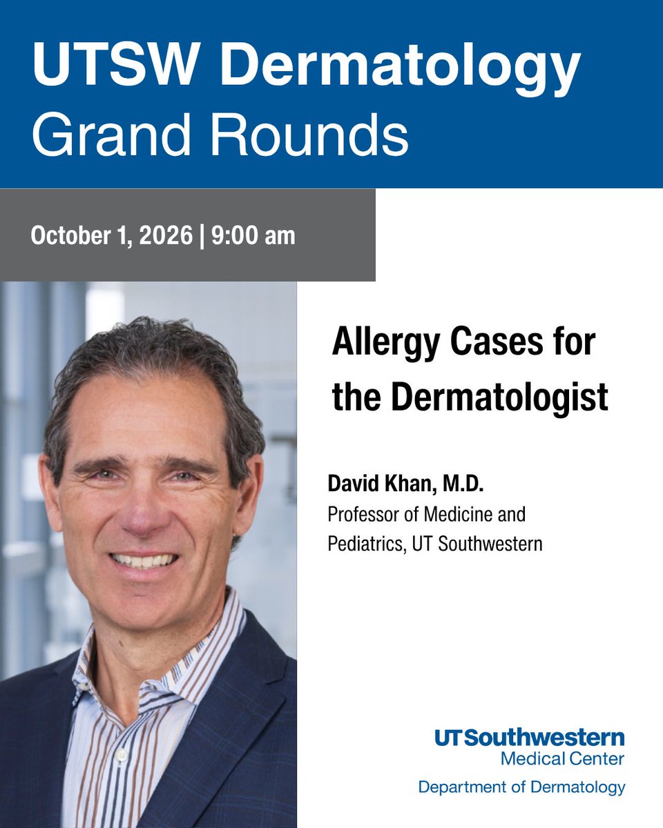 UTSWDerm's tweet photo. Up next at UTSW Dermatology Grand Rounds: David A. Khan, M.D., on "Allergy Cases for the Dermatologist." 

Dr. Khan is Past-President of the AAAAI &amp; has directed UTSW's Allergy &amp; Immunology Fellowship for 28+ years. 

#Dermatology #GrandRounds #UTSWMed https://t.co/Q0lK22eXk3