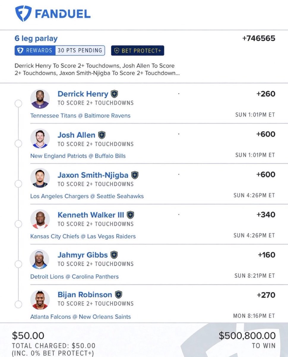 cashflowsports2's tweet photo. 🔥 6-Leg NFL Touchdown Parlay

A $50.00 long-shot parlay with a massive +746565 payout potential.

The card features six players to score 2+ touchdowns:

Derrick Henry — 2+ TDs (+260)
Josh Allen — 2+ TDs (+600)
Jaxon Smith-Njigba — 2+ TDs (+600)
Kenneth Walker III — 2+ TDs (+340)
Jahmyr Gibbs — 2+ TDs (+160)
Bijan Robinson — 2+ TDs (+270)

$50.00 → $500,800.00 to win 💰

This is an extremely high-risk, high-payout touchdown ladder built around six multi-TD performances. Every leg has to hit for the full parlay to cash. 🏈🔥

@Playbooki 

JOIN THE FREE  DISCORD 🔗🔗  https://t.co/jXDf0oKlHs

#MLB #MLBBets #HomeRunProps #HRParlay #BaseballBets #SportsBetting #Parlay #DavisParlay @playbook