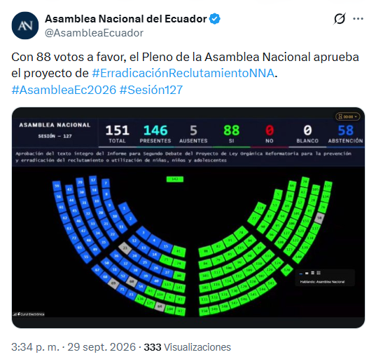 usuariosdigital's tweet photo. #AlertaDigitalEC
@etorrescobo “podrá bloquear IPs cuando se detecte que están reclutando a niños a través de redes” en Ley contra el reclutamiento de Niñas, Niños y Adolescentes #ErradicaciónReclutamientoNNA, video 2:30

⚠️Advertimos que bloqueos no deben afectar acceso a redes https://t.co/DsbkTe9pJ3
