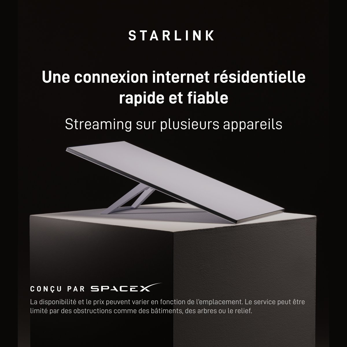 Starlink's tweet photo. Profitez d’une connexion internet résidentielle rapide et fiable pour regarder du contenu en streaming, travailler à domicile, jouer en ligne et plus encore, sur plusieurs appareils.

Commandez en ligne en quelques minutes.