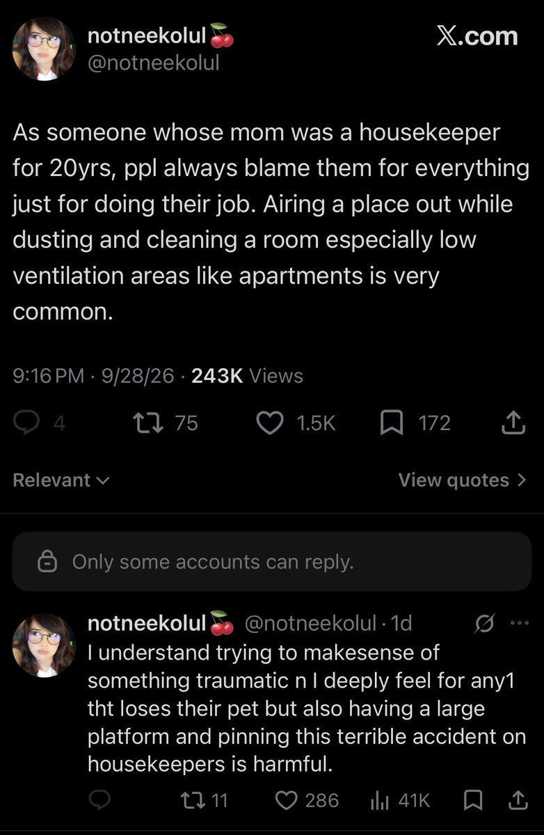 chirakuu's tweet photo. Imagine being so irrelevant that you have to shit on someone who is mourning the loss of a pet. She didn’t even blame the housekeeper, and your first instinct was “how can I make this about me?” 💀 @notneekolul https://t.co/fHYrMEQ3TB